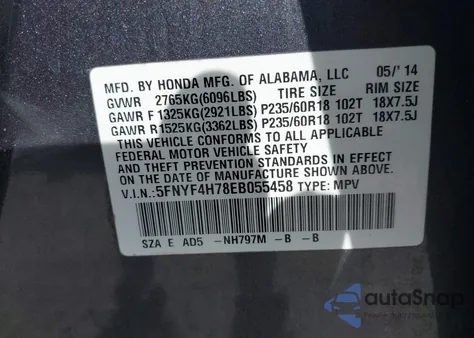 2014 Honda Pilot Ex-L z USA, uszkodzony, nr VIN 5FNYF4H78EB055458